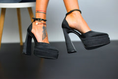 Women's Black Diamond High Heels Made Of Satin Material